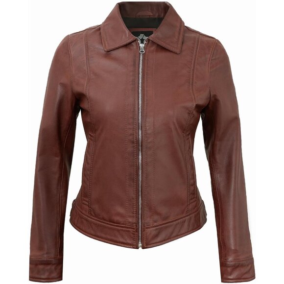 Women's Real Lambskin Outwear Jackets Stylish Turn Down Collar Brown Leather - Picture 3 of 5